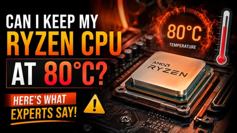 Can I Keep My Ryzen CPU at 80°C? AMD Ryzen processor with 80°C temperature warning and thermometer gauge