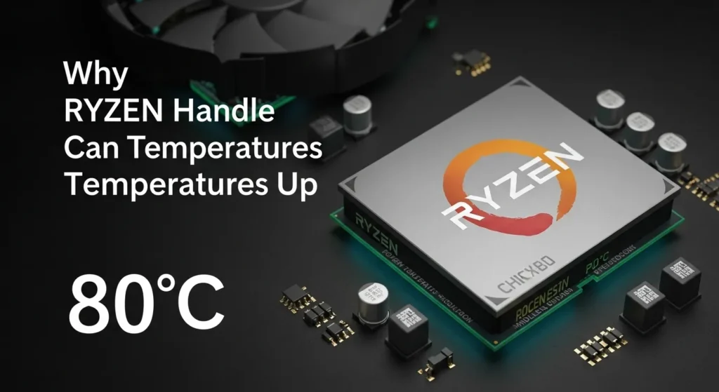 Why Ryzen CPUs Can Handle Temperatures Up to 80°C, showing Ryzen processor and components with heat tolerance.