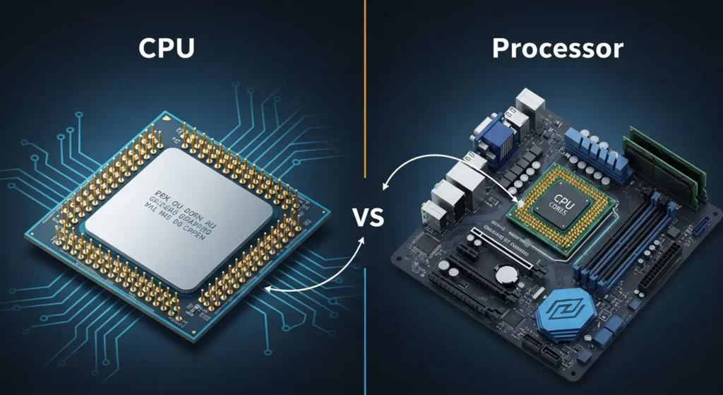 Are CPU and Processor Two Separate Components? A visual comparison between a CPU and a processor.