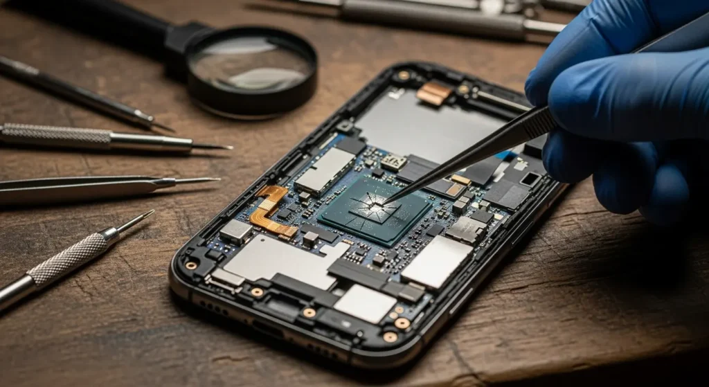 Phone repair technician fixing a smartphone with a damaged CPU, using precise tools to diagnose and repair.