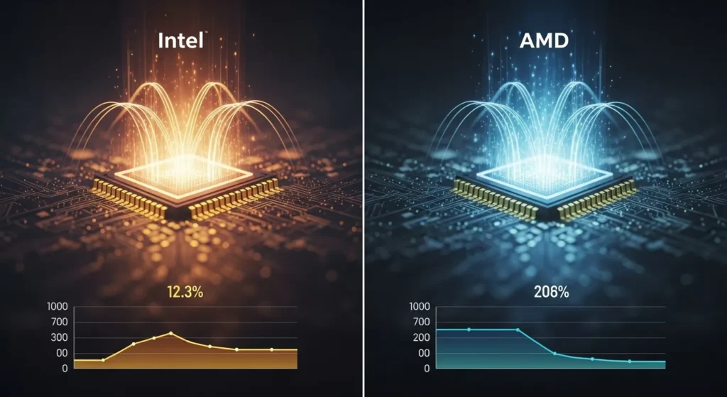 Comparing Power Consumption: Intel vs AMD CPUs, with Intel showing 12.3% and AMD 206% performance differences in energy usage.