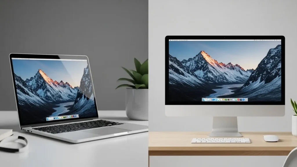 Differences between laptops and desktops: side-by-side view of a laptop and desktop computer on modern workspaces.