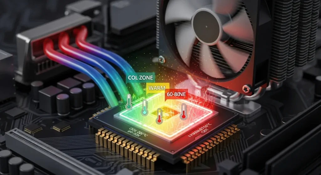CPU temperature zones with cooling system showing safe ranges and how hot is too hot for your CPU.