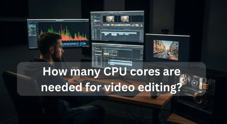 Person editing videos on multiple monitors, illustrating how many CPU cores are needed for video editing tasks.