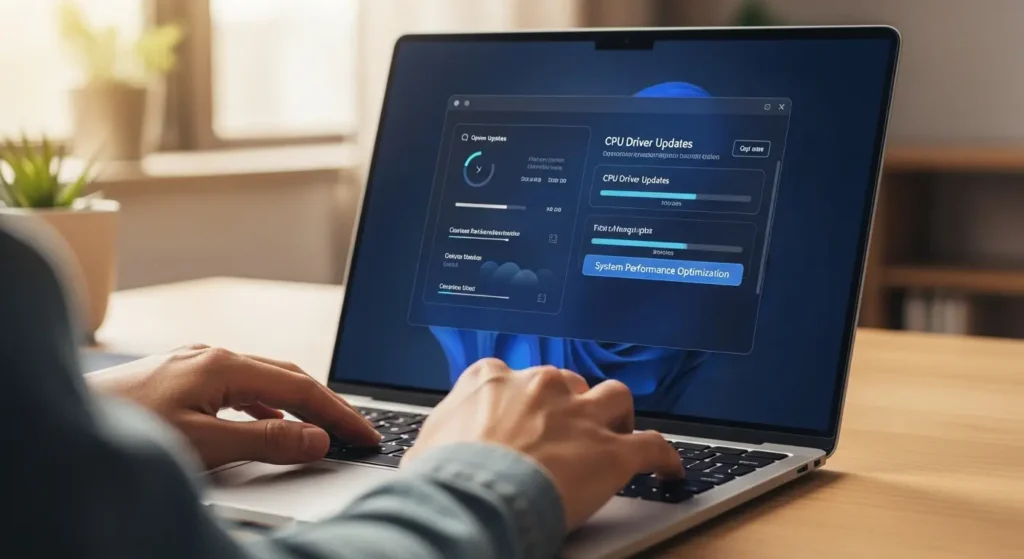 Person updating CPU drivers for optimal performance on a laptop screen showing system performance optimization