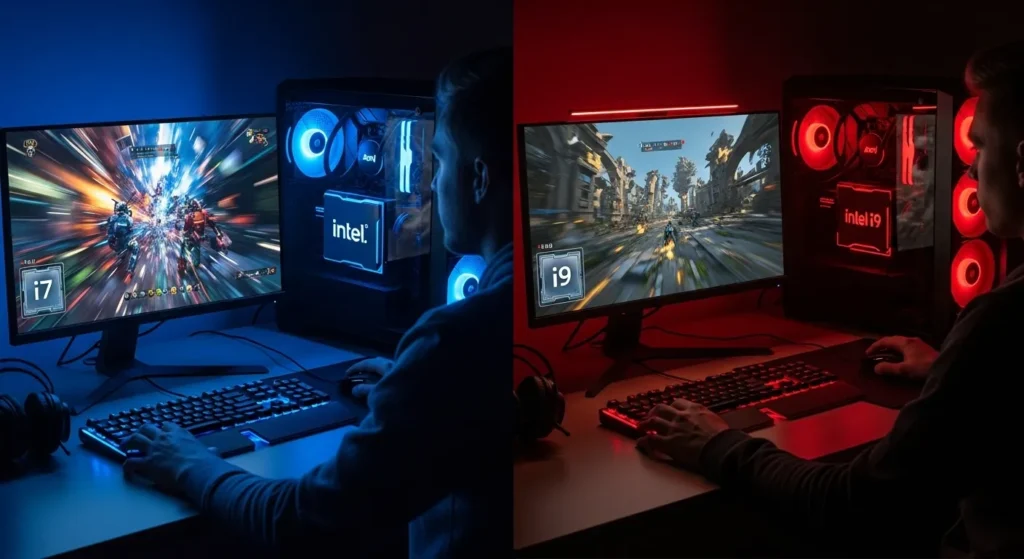 Intel i7 vs i9 comparison for gaming performance, showcasing gaming setups with i7 and i9 processors in action.