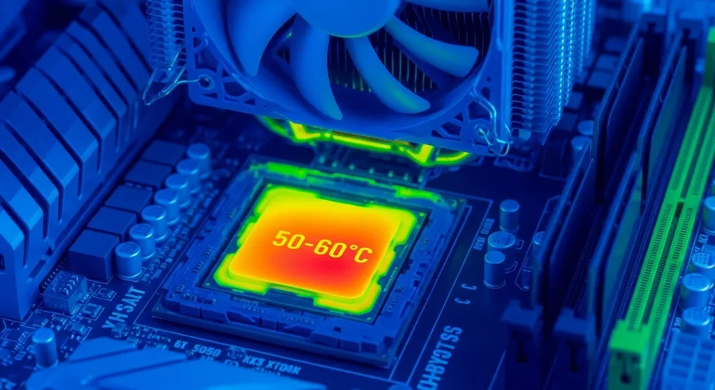 Close-up of CPU temperature ranging from 50-60°C, exploring if a 50-60 degrees Celsius CPU temperature is a bad thing.