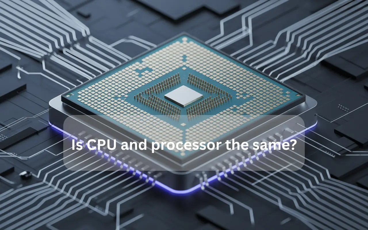 Is CPU and processor the same? Close-up of a computer processor with circuits, showcasing the technology behind CPUs.