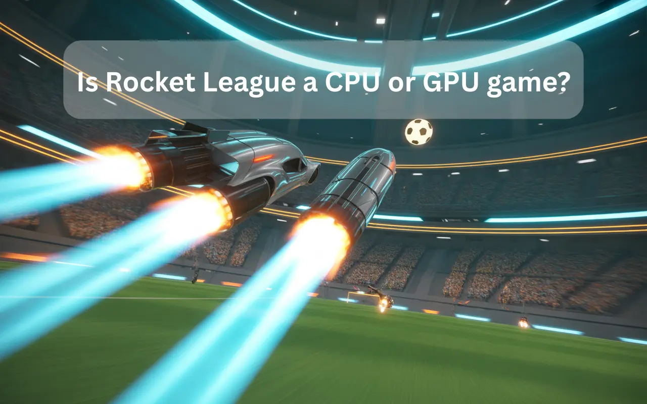 Is Rocket League a CPU or GPU game? A high-speed action shot of Rocket League with rocket-powered cars and soccer ball.