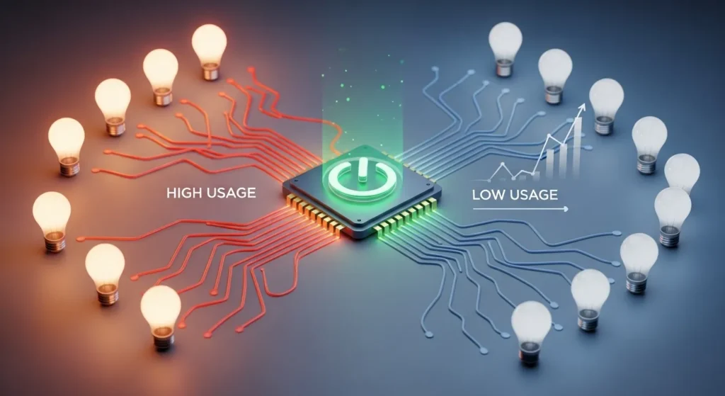 Managing Idle CPU Usage to Save Power: Visual showing high and low usage scenarios with a CPU and light bulbs.
