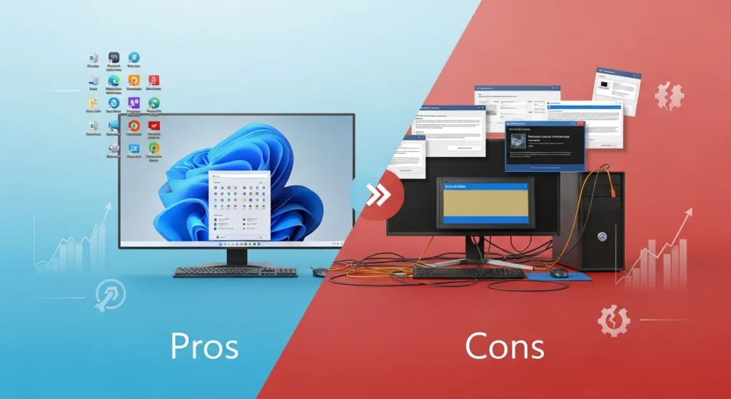 Reinstall Windows after CPU upgrade: Pros and Cons comparison showing modern vs outdated systems with performance and setup differences.