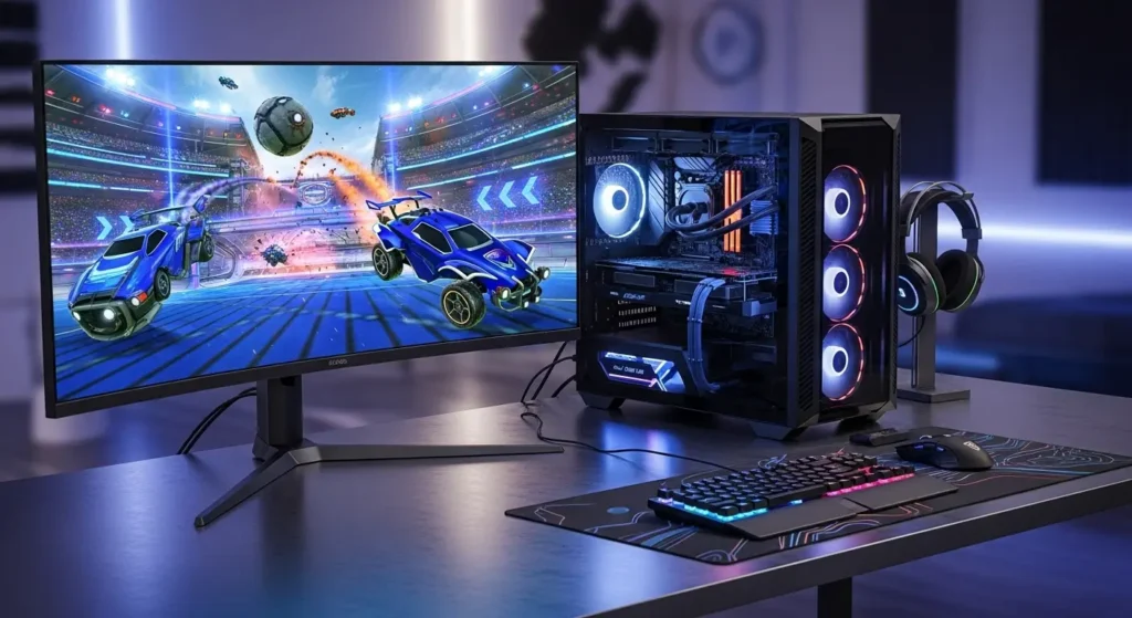Gaming setup with Rocket League on screen, featuring a PC, keyboard, and headphones – matching Rocket League Official Hardware Requirements.