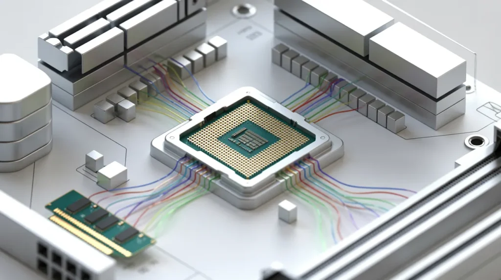 CPU socket with interconnected components showcasing the role of the operating system in CPU compatibility.