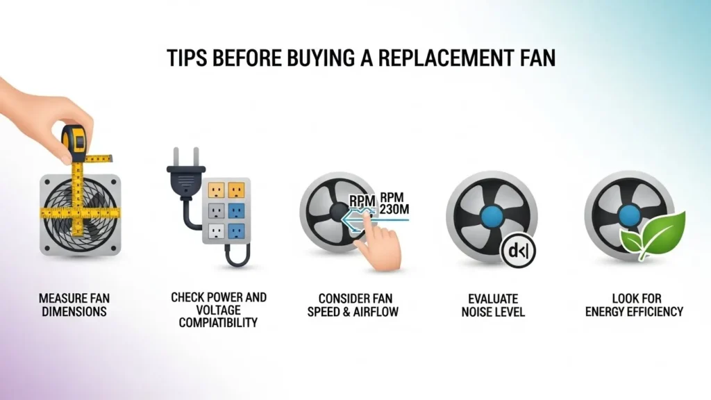 Tips before buying a replacement fan: visual guide showing fan size measurement, power checks, speed, noise, and efficiency.