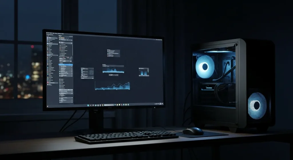 Computer with dark theme showing CPU usage stats on screen, highlighting what affects CPU usage when the computer is not in use.