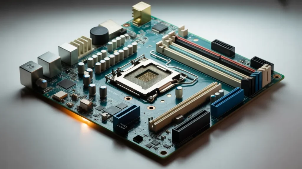 Close-up of a motherboard showing key components, highlighting signs of a bad motherboard like damaged ports and unusual wear.