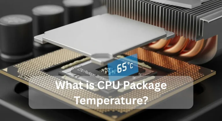 What is CPU Package Temperature? Diagram showing CPU package layers and temperature sensor on motherboard.