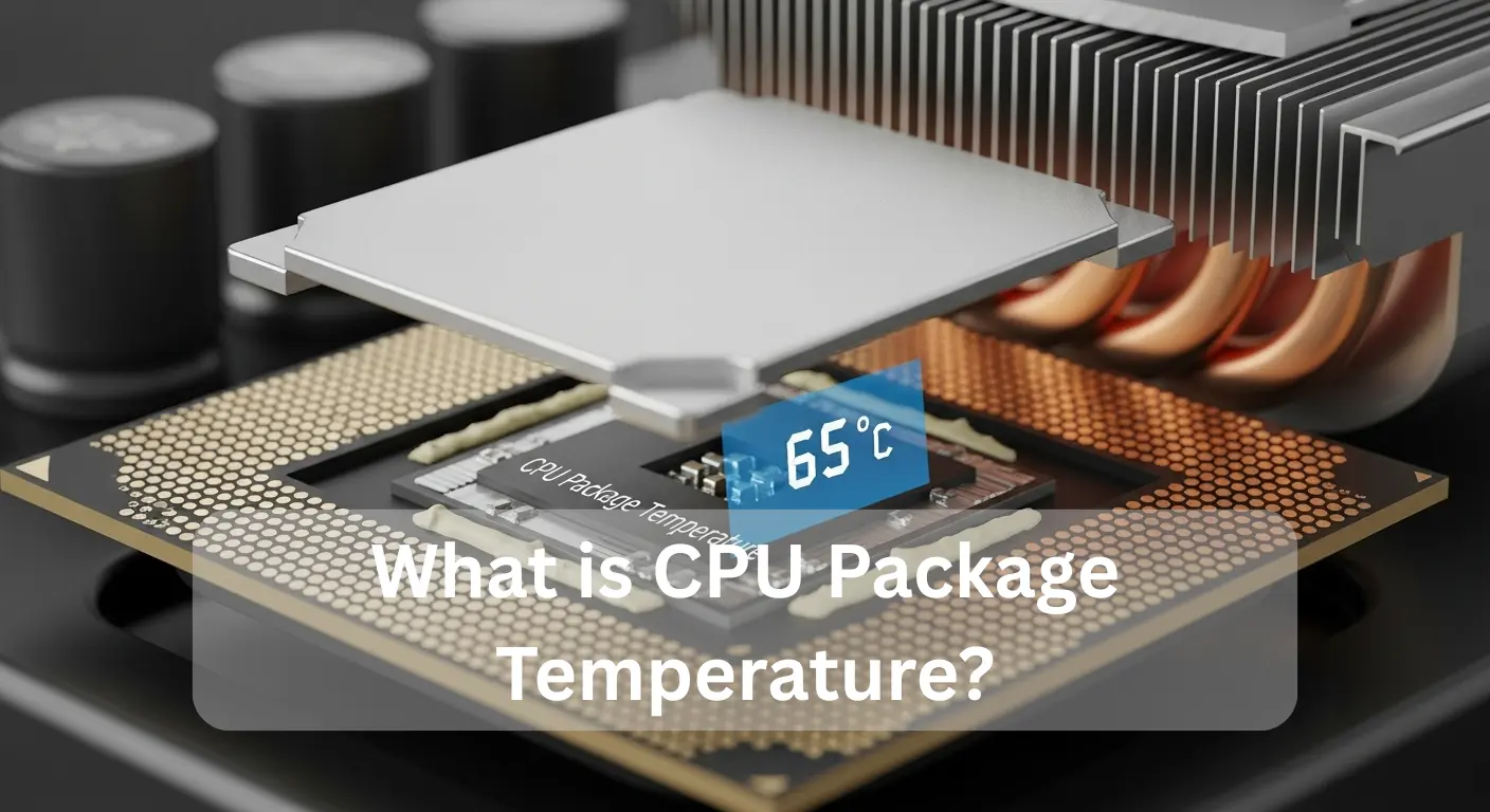 What is CPU Package Temperature? Diagram showing CPU package layers and temperature sensor on motherboard.