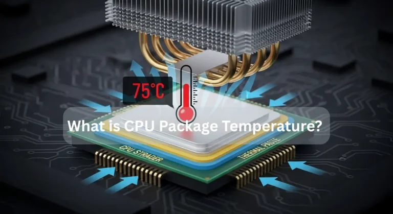 Close-up of a CPU with a temperature of 75°C and cooling system, illustrating 'What is CPU Package Temperature?