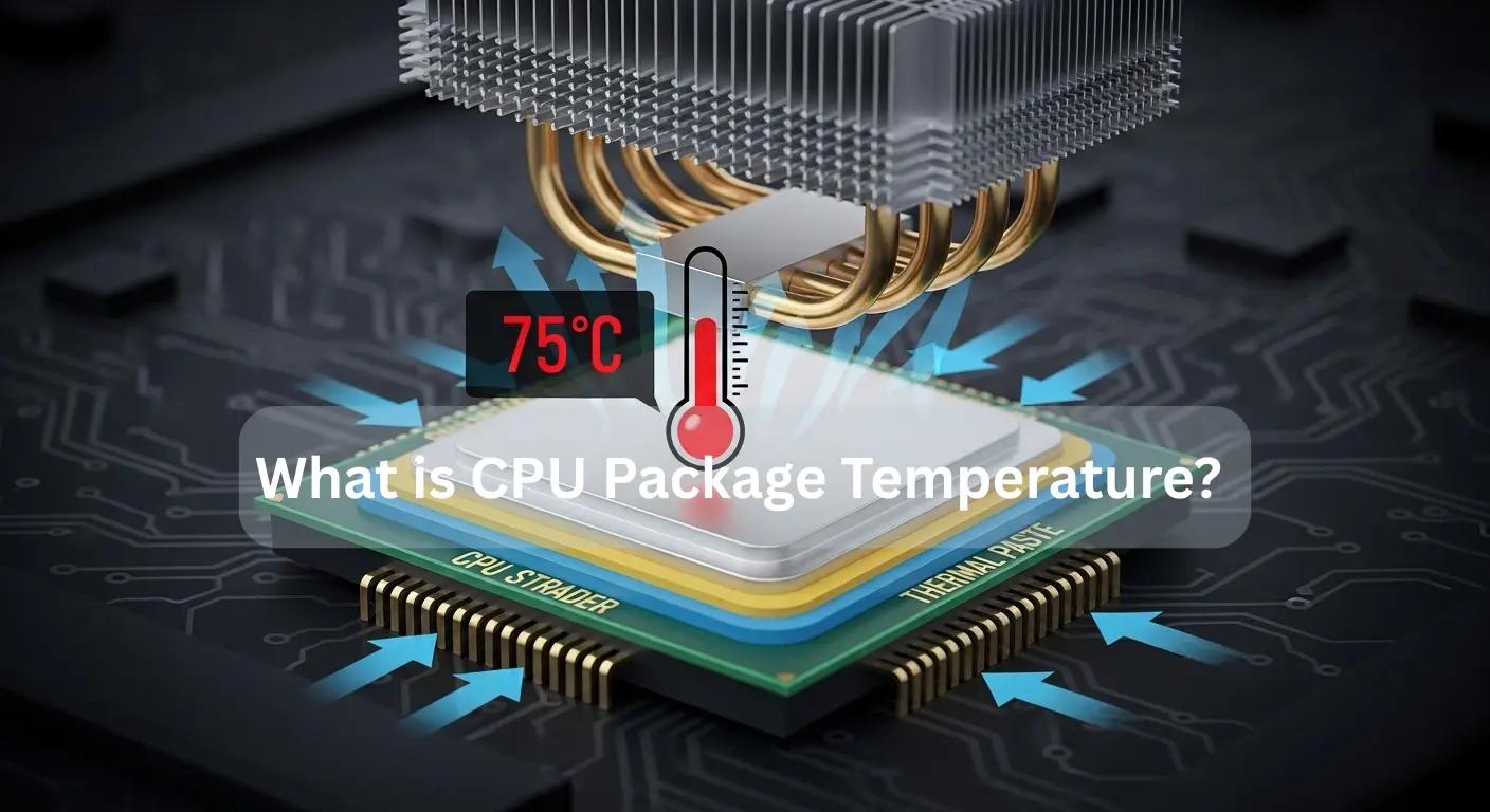 Close-up of a CPU with a temperature of 75°C and cooling system, illustrating 'What is CPU Package Temperature?