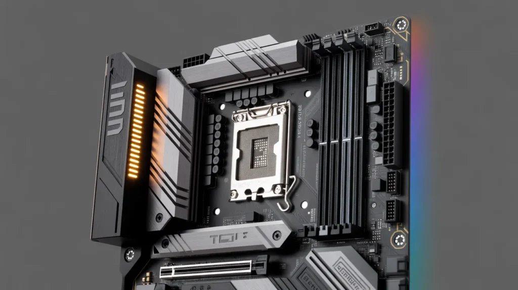 Close-up of an ASUS TUF Gaming motherboard showcasing its design, ideal for performance in 2025 gaming builds.