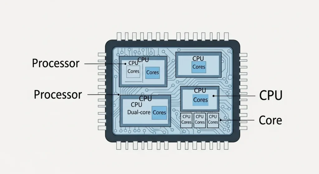 What’s the Difference Between CPU, Core, and Processor? Diagram showing CPU cores and processors in a microchip.