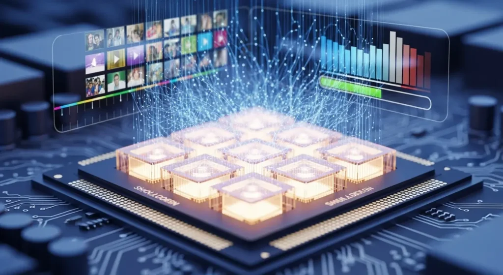 Visual representation of CPU cores and their impact on video editing speed and rendering, showcasing data flow and processing.