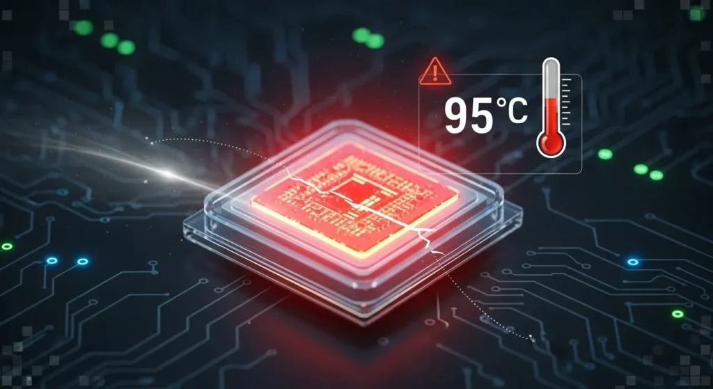 Close-up of a CPU with a high temperature warning at 95°C, highlighting the importance of monitoring CPU package temperature.