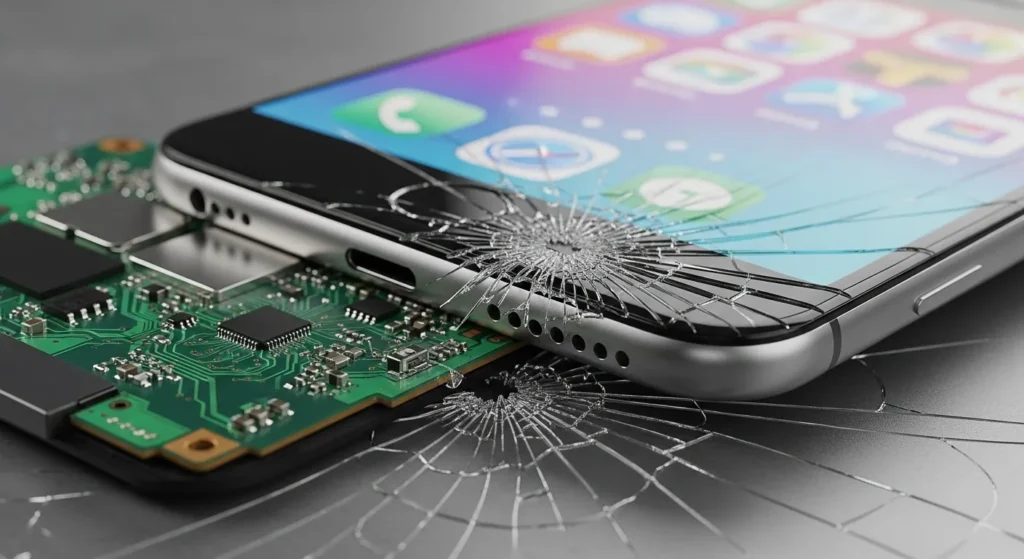 Phone motherboard damaged after dropping, showcasing cracked screen. Will dropping my phone affect its motherboard?