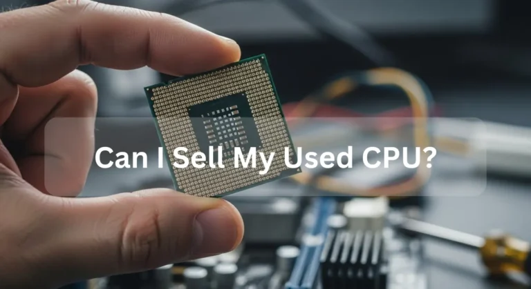 Can I Sell My Used CPU? A hand holding a used computer processor above a motherboard, showing details of the CPU pins