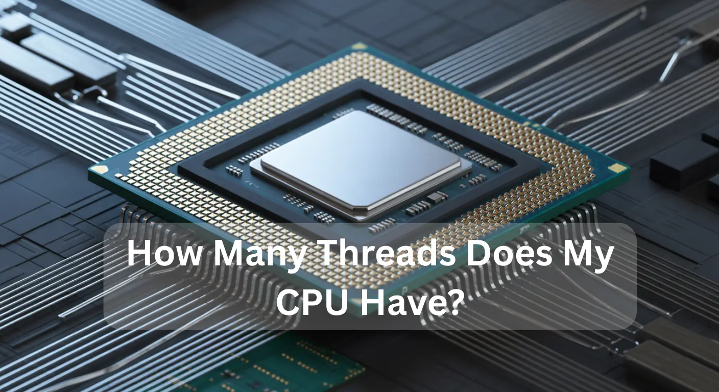 Close-up of a CPU with the question 'How Many Threads Does My CPU Have?' displayed on it, showing intricate processor design.