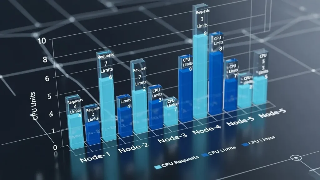 Bar chart showing CPU requests and limits per node. Learn how to check CPU requests and limits per node in OpenShift.