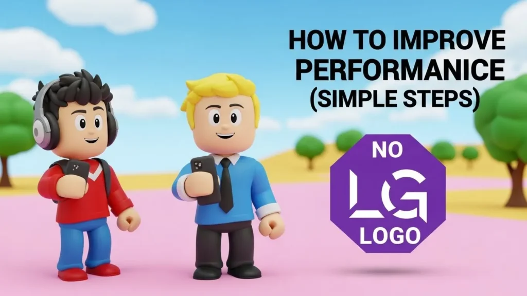 How to Improve Roblox Performance (Simple Steps) guide with characters holding phones in a colorful Roblox scene