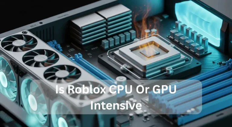 Is Roblox CPU Or GPU Intensive explained with a PC motherboard showing CPU, GPU, cooling fans, and performance hardware setup