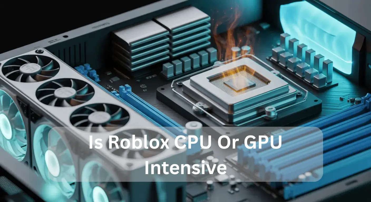 Is Roblox CPU Or GPU Intensive explained with a PC motherboard showing CPU, GPU, cooling fans, and performance hardware setup