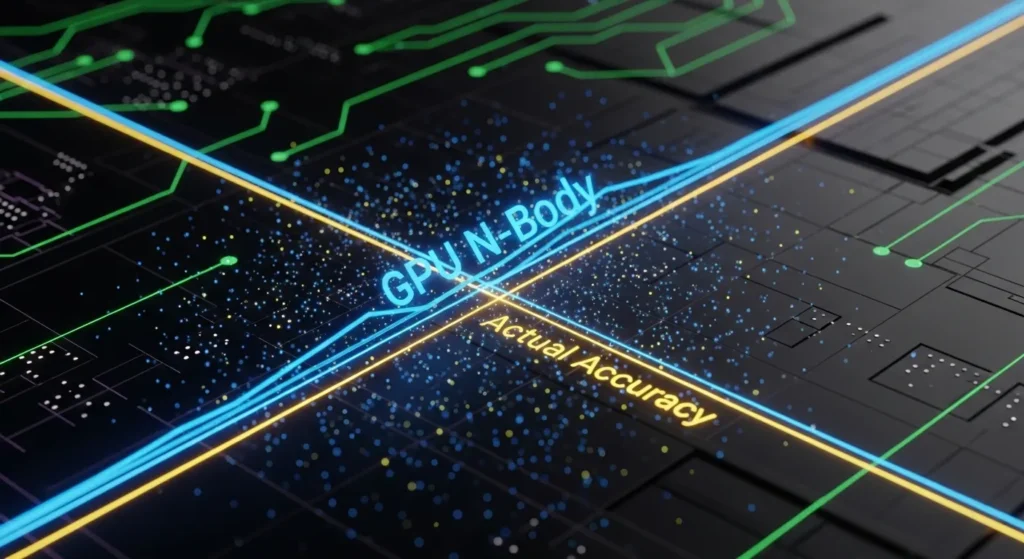 Visual showing GPU N-Body Benchmark accuracy with data points and circuits – How Accurate is the GPU N-Body Benchmark?