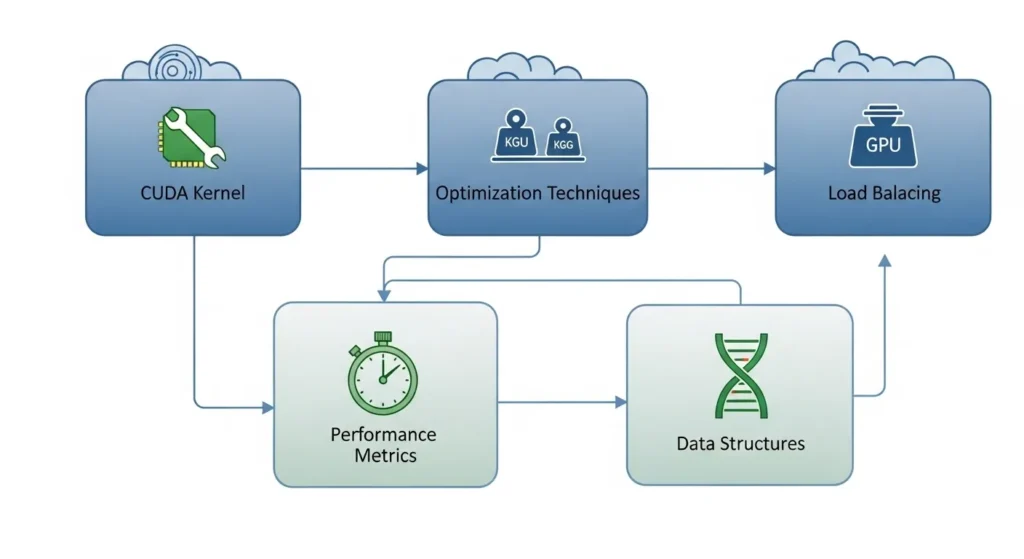Diagram showing how to optimize CUDA kernels for N-Body using performance metrics, data structures, and load balancing.