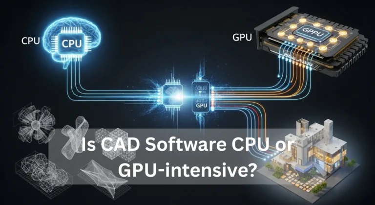 Is CAD Software CPU or GPU-intensive? Illustration showing CPU vs GPU roles in 2D drafting and 3D rendering.