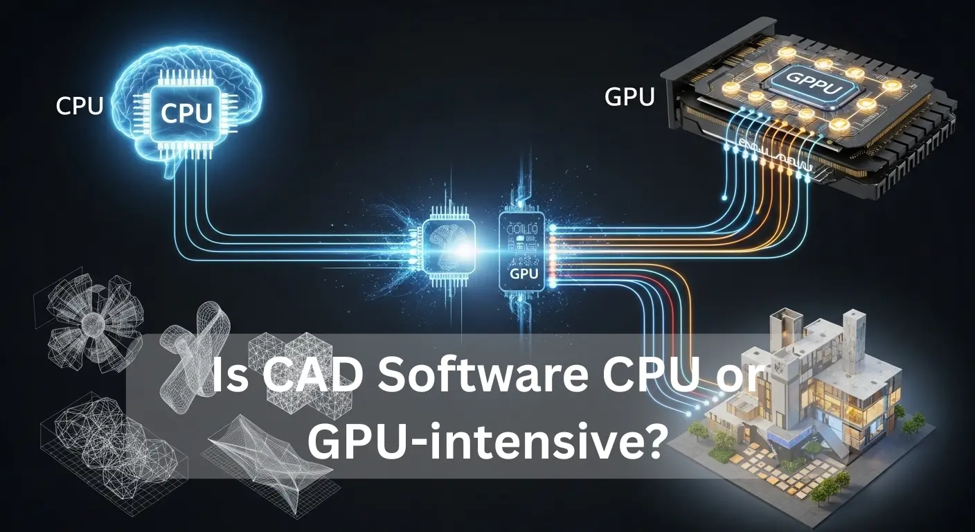 Is CAD Software CPU or GPU-intensive? Illustration showing CPU vs GPU roles in 2D drafting and 3D rendering.