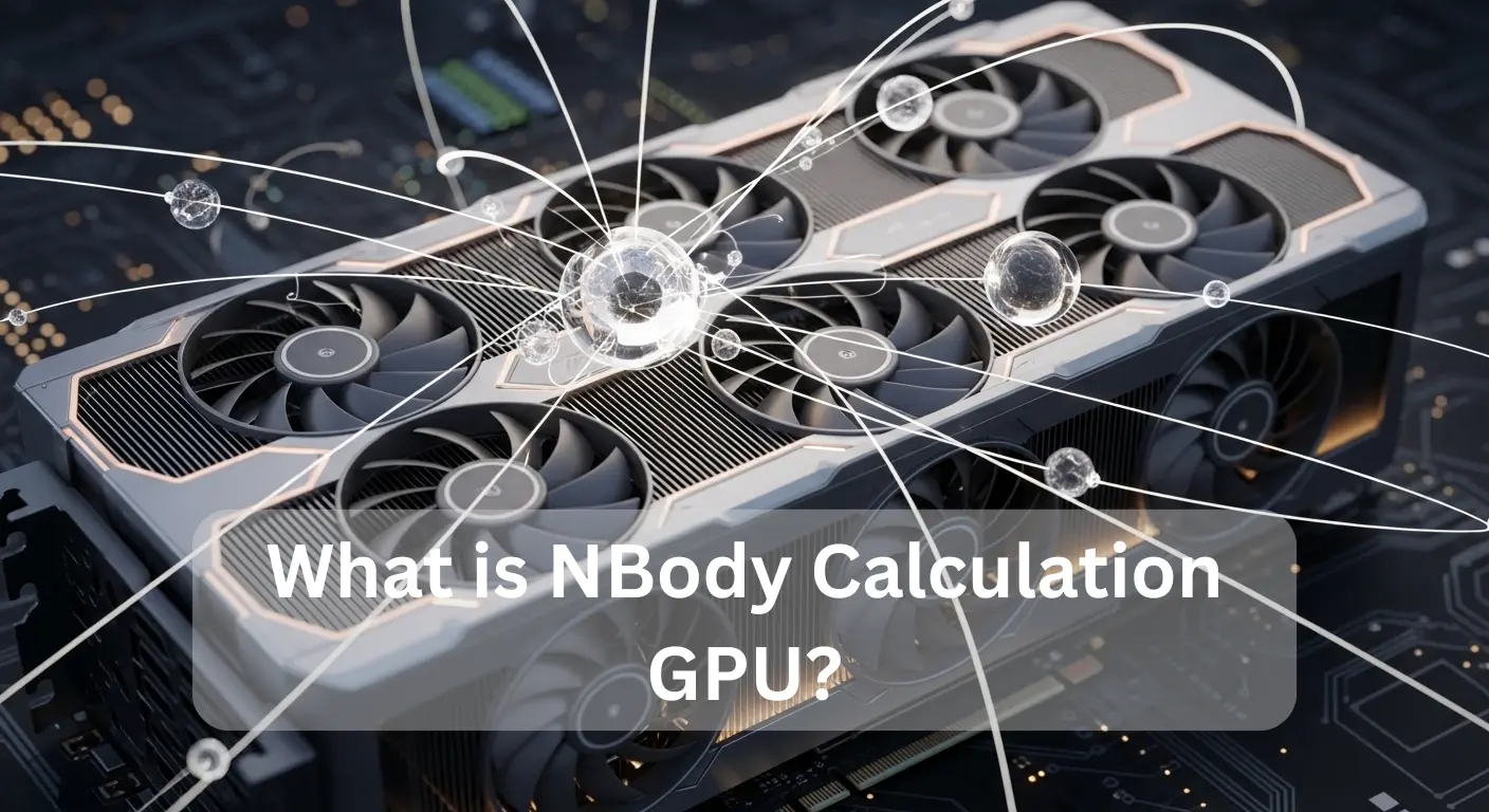What is NBody Calculation GPU? concept shown on high-performance graphics card running particle simulation