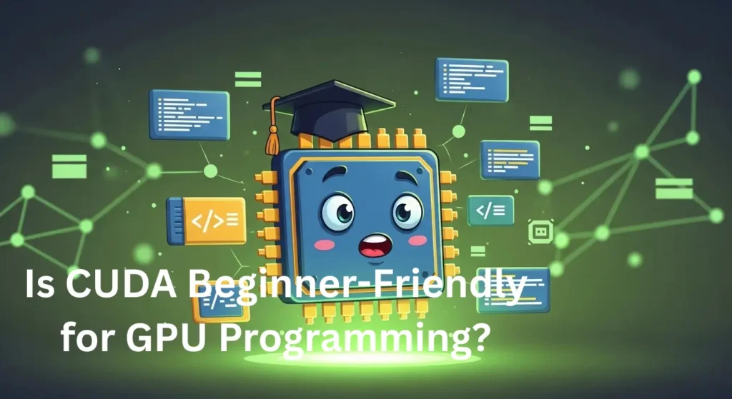 Is CUDA Beginner-Friendly for GPU Programming? illustration of a cute GPU chip learning coding with code blocks and network background