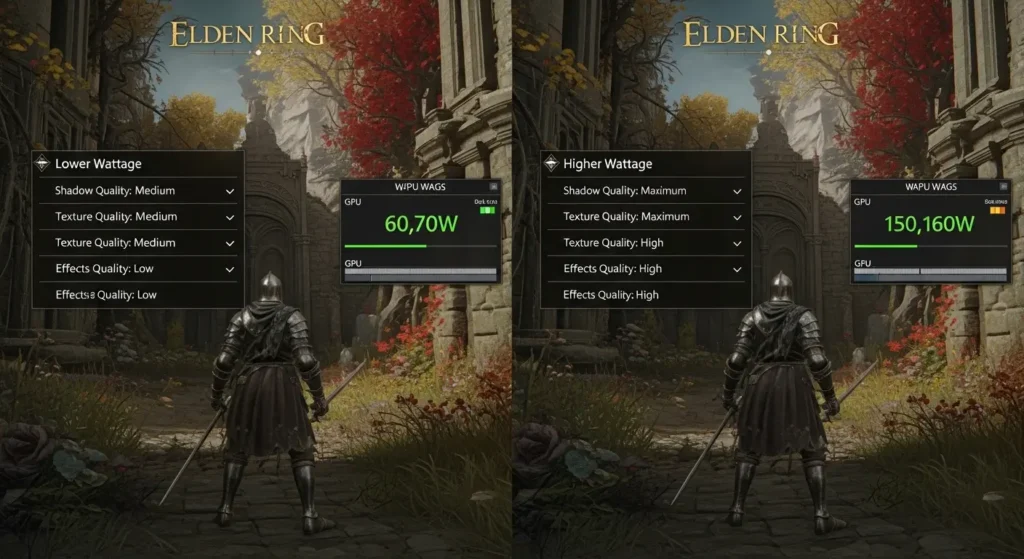 Optimize Graphics Settings to Increase GPU Wattage in Elden Ring: lower vs higher settings showing 60W vs 150W GPU usage