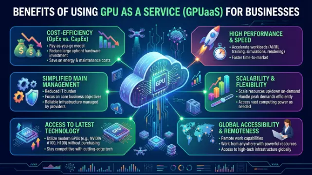 Benefits of Using GPU as a Service for Businesses infographic showing cost efficiency, speed, scalability & cloud GPU
