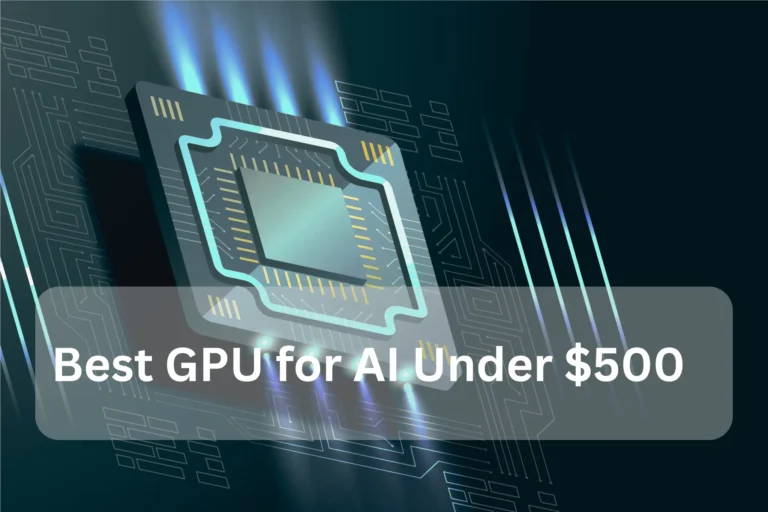 Best GPU for AI Under $500 illustration showing a modern AI graphics processor chip for machine learning and deep learning
